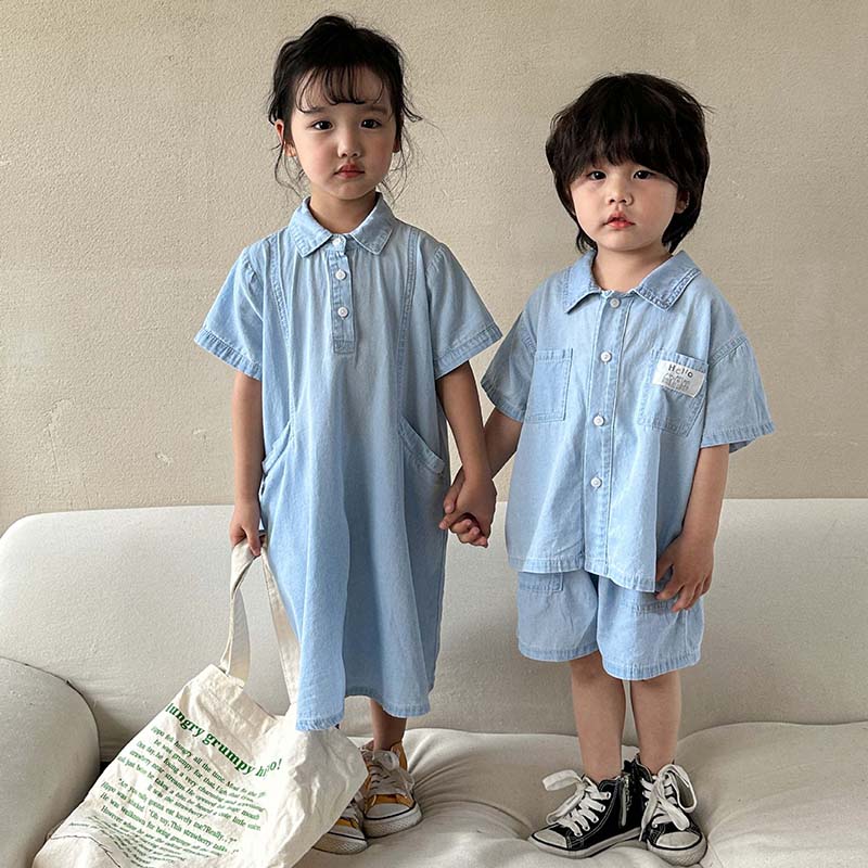 デニム セットアップ キッズ ワンピース 女の子 子供服 男の子 シャツ 半袖 ショートパンツ おしゃれ 可愛い ベビー服 夏 上下セット トップス ボトムス ジュニア 赤ちゃん デニムパンツ 入学 入園 誕生日 プレゼント 幼稚園 小学生 お出かけ 150cm 140 130 120 110 100 90