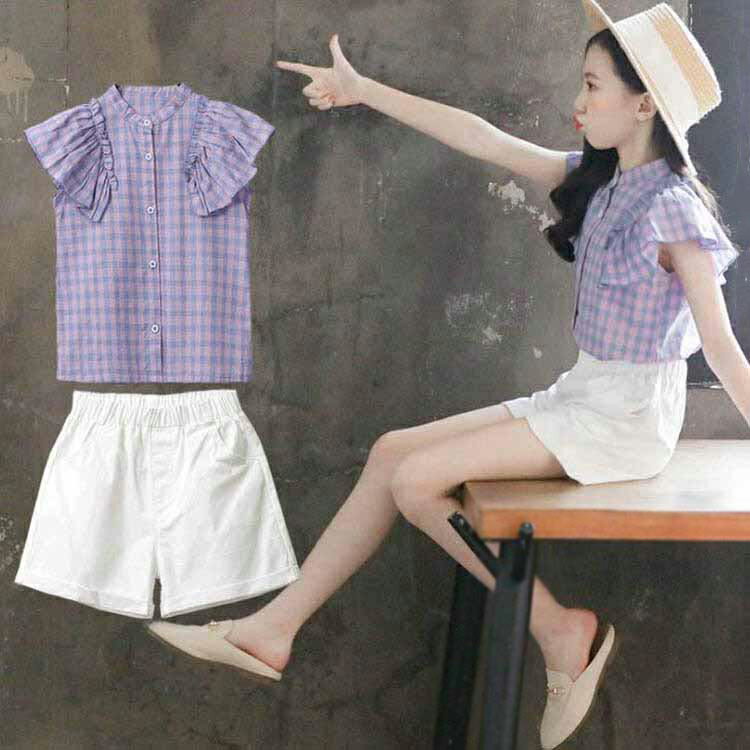 Rakuten - 子供服 2点セット ブラウス シャツ+パンツ 女の子 半袖 チェック柄 半袖 パンツ コットン おしゃれ 女児 夏 セットアップ 人気 可愛い