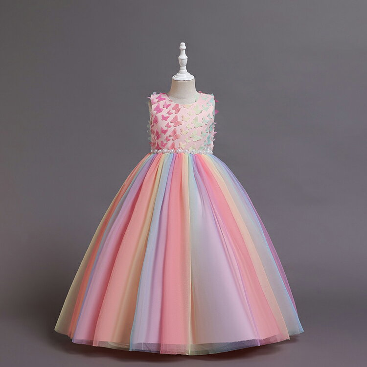 子供　キッズ フォーマルドレス パーティードレス 子供リボンドレス チュールスカート 結婚式 発表会 演奏会 フラワーガール　可愛い虹色 110cm-160cm　ブルー ピンク パープル