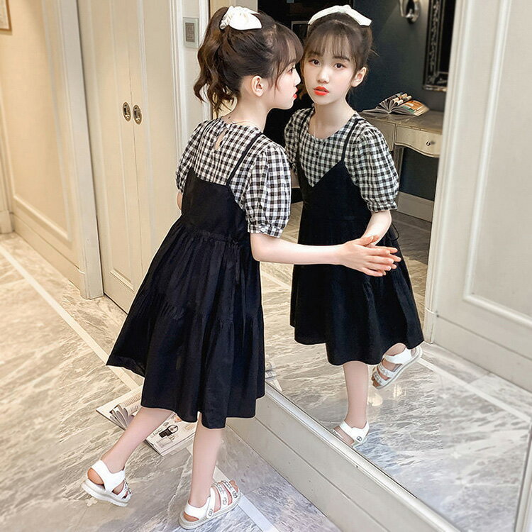 Short Sleeves - 子供服 ワンピース 160 韓国子ども服 キッズ 女の子 夏 半袖ワンピース チェック柄 子供ドレス 結婚式 誕生日 ベビー服 ジュニア お姫様 おしゃれ 可愛い 新品