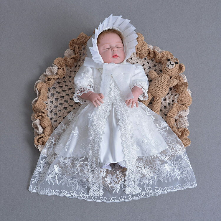 Dresses - 帽子付き3点セット ベビードレス ベビー服 女の子 新生児 退院 お宮参り 出産祝 結婚式 服 女の子 ベビー用 ドレス 刺繍 ベビー フォーマル 七五三 セレモニードレス 白 赤ちゃん ドレス
