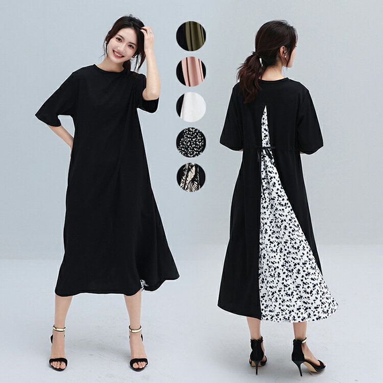 ワンピース 半袖 ワンピース ワンピ レイヤード風 異素材切替 ウェストリボン付き ラウンドネック バックスリット仕様 カーキ ピンク フレア ワンピスター