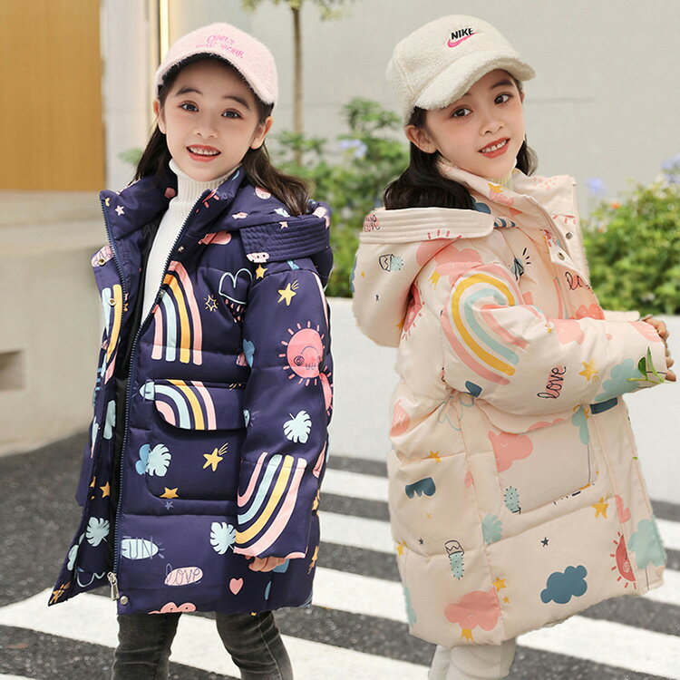 ダウンコート キッズ 虹柄 軽量 防寒抜群 ジュニア 子供服 女の子 撥水加工 ダウンジャケット ロング 通学 キッズ服 防寒 秋冬 ジャケット 防寒保温効果抜群のあったかジャケット