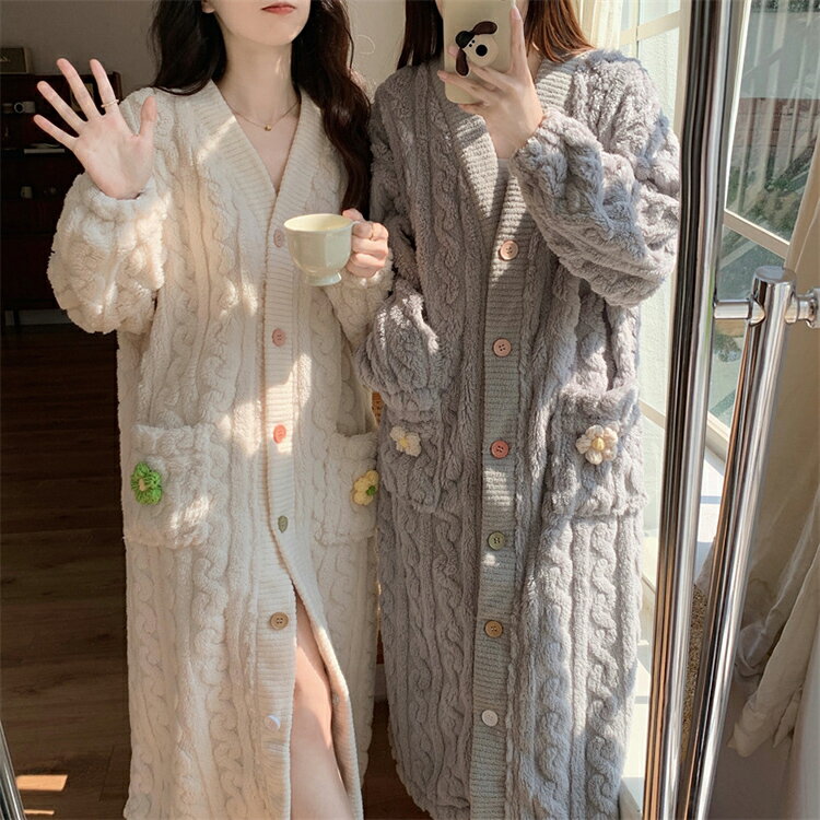 ナイトガウン レディース ルームウェア フランネル 厚手 ゆったり ロングパジャマ スウィート コーラル..