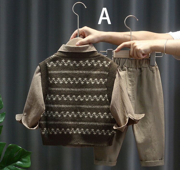 キッズ 長袖 シャツ ロング パンツ ニット ベスト 3点セット セット アップ キッズ 子ども服 おしゃれ カジュアル 秋冬新作