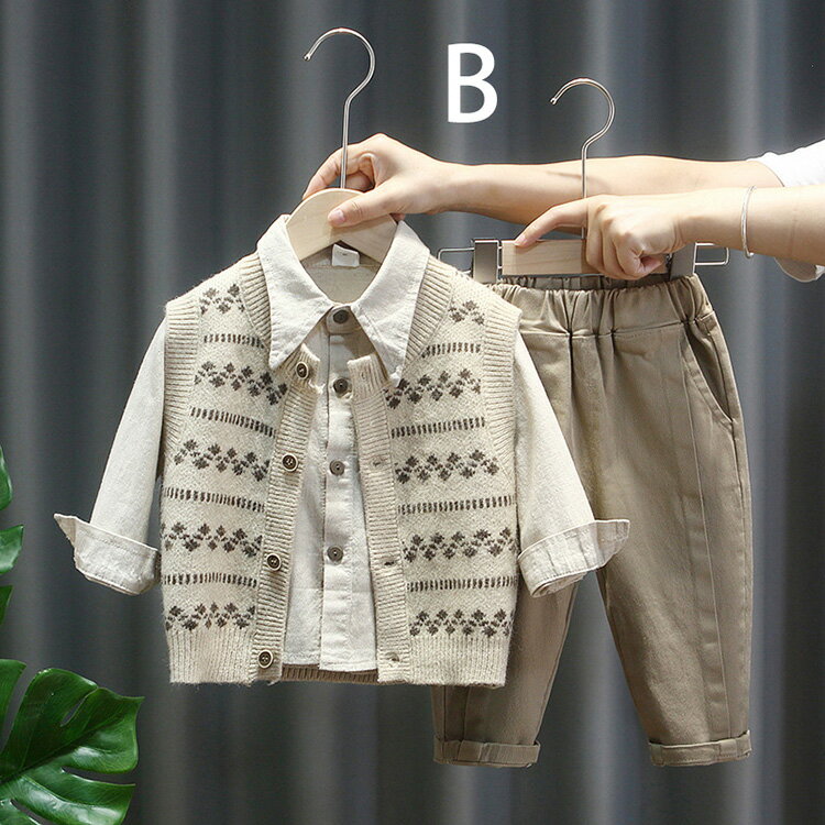キッズ 長袖 シャツ ロング パンツ ニット ベスト 3点セット セット アップ キッズ 子ども服 おしゃれ カジュアル 秋冬新作