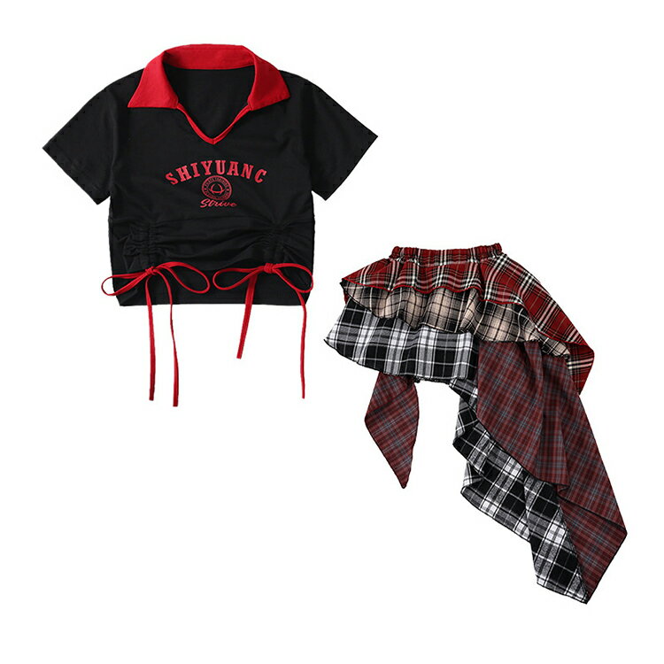 切り替え アシンメトリースカート チェック ショートスカート 女の子 キッズ ダンス衣装 セットアップ ヒップホップ 2点セット チアガール チアダンス ショート丈 ポロシャツ へそ出し トップス 黒 韓国 K-POP hiphop 応援団 団体服 原宿系 発表会 演出服