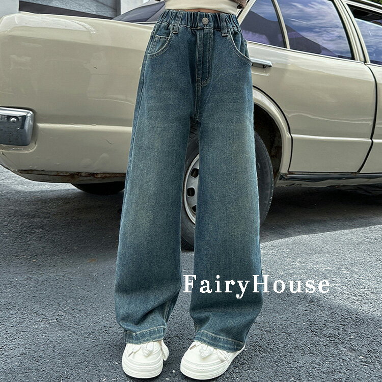 ワイドデニムパンツ 女の子 ガールズ ジュニア 普通 裏起毛 小学生 キッズ 韓国風 カジュアル 通学 ゆったり パンツ 動きやすい 春 秋 夏 ストリート風 かわいい おしゃれ 子供服 ガールズデニム 120cm 130cm 140cm 150cm 160cm 170cm