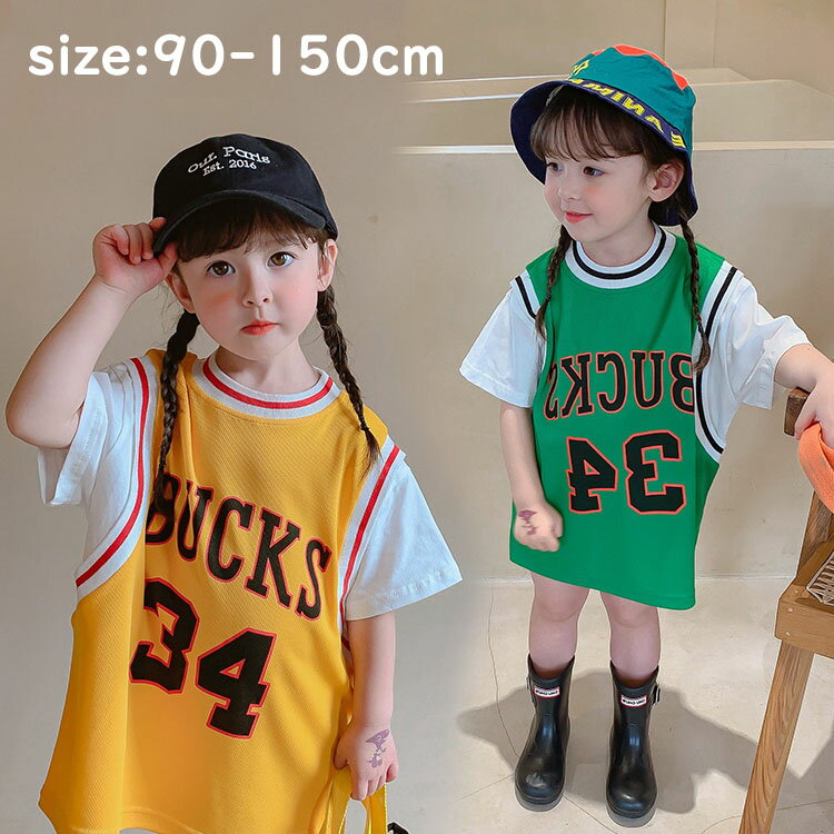 Short Sleeves - ワンピース ロング丈Tシャツ 女の子 ベビー キッズ 半袖 夏用 スポーツ 可愛い おしゃれ きれいめ ゆったり ことも服 ジュニア服 通学 カジュアルウエア ショート 学院風 2色 90cm 100cm 110cm 120cm 130cm 140cm 150cm