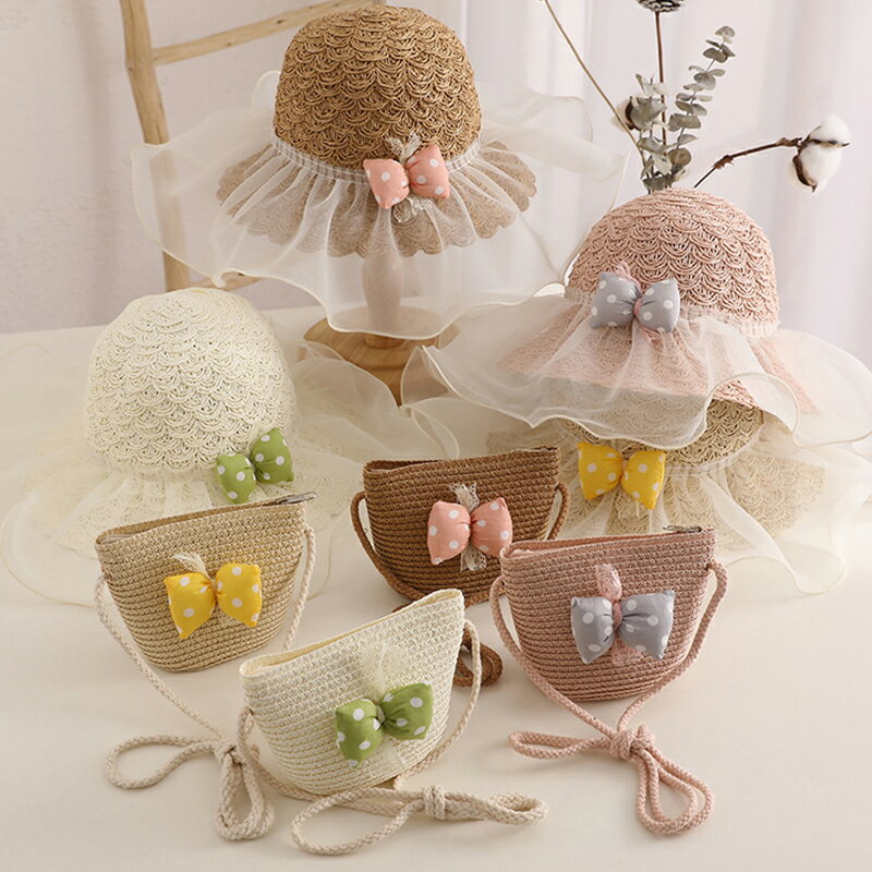 麦わら帽子 ショルダーバッグ キッズ 女の子 可愛い 夏 セット 帽子+鞄 ハット+バッグ 子供帽子 子供バ..
