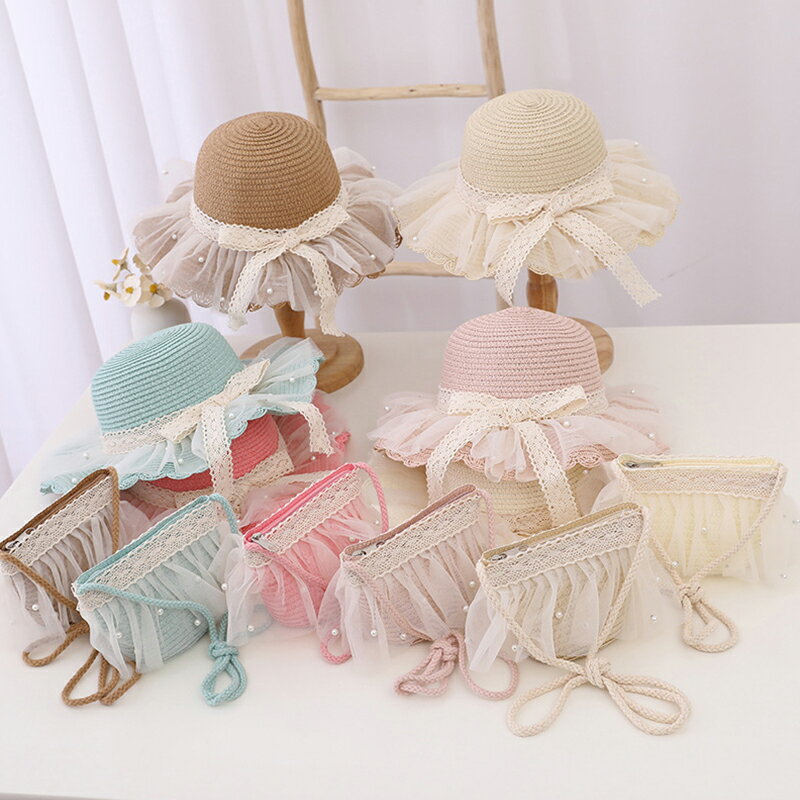 麦わら帽子 ショルダーバッグ キッズ 夏 女の子 姫系 可愛い セット 帽子+鞄 ハット+バッグ 子供帽子 ..