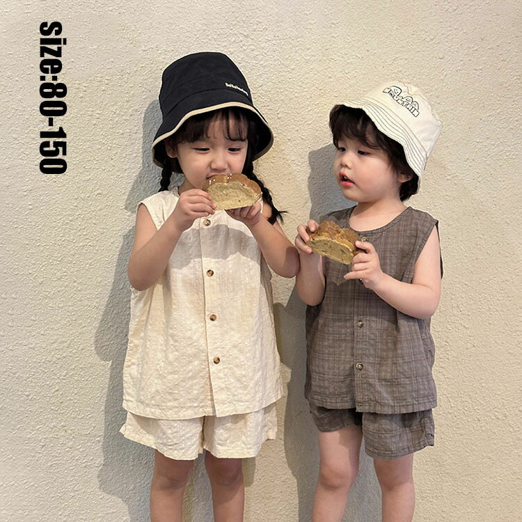 Rakuten - 韓国子供服セット キッズ 女の子 男の子 純綿 夏服 2点セット ノースリーブ トップス+ショートパンツ ベビー ジュニア 子ども 上下セットアップ カジュアル 可愛い おしゃれ 涼しい 普段着 通園 通学 旅行 お出かけ 兄弟 姉妹 双子 80/90/100/110/120/130/140/150cm 2色
