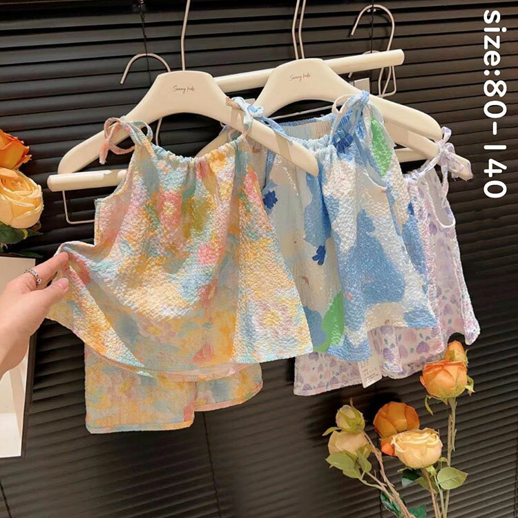 Rakuten - 【送料無料】セットアップ キッズ 子ども服 夏 女の子 ガール 女児 ノースリーブ 姫系 韓国子ども服 上下セット 可愛い オシャレ タンクトップ 半パンツ パーティー 発表会 演奏会 卒業式 入学式 通学 3色 80cm 90cm 100cm 110cm 120cm 130cm 140cm