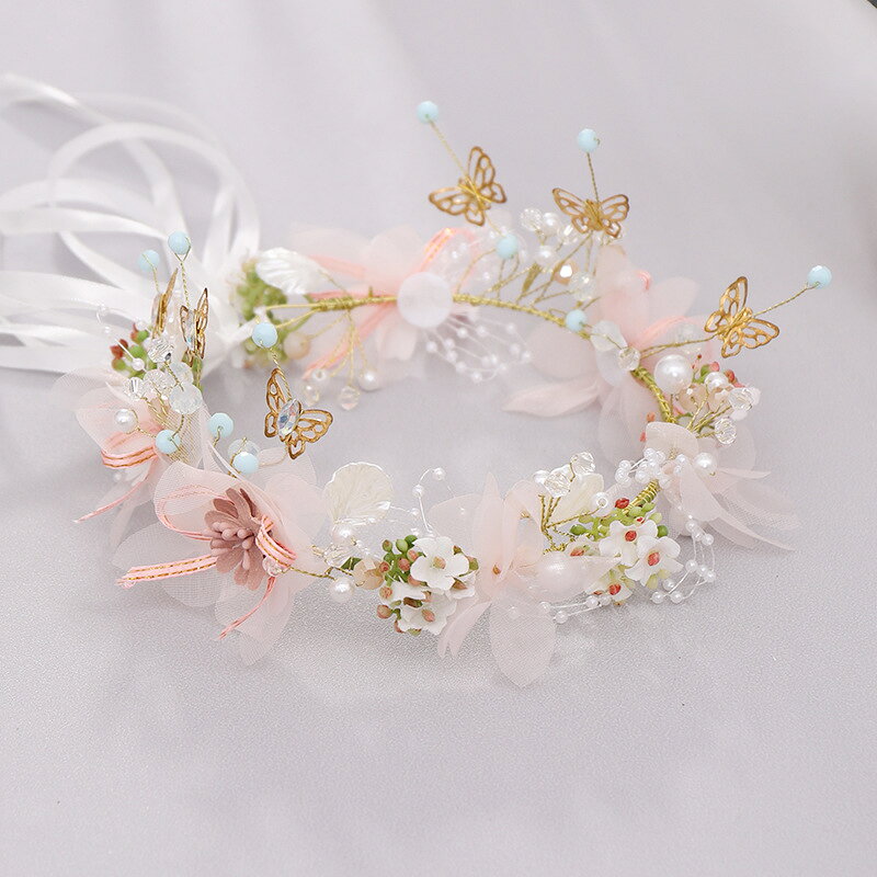 lanmanyaの子供髪飾り 花 リーフ パール 小花モチーフ カチューシャ ウエディング ヘッドドレス フラワーティアラ 女の子用 髪飾り 子供 ピアノ発表会 ヘアアクセサリ 子供髪飾り 花 リーフ パール 小花モチーフ カチューシャ｜アングル2