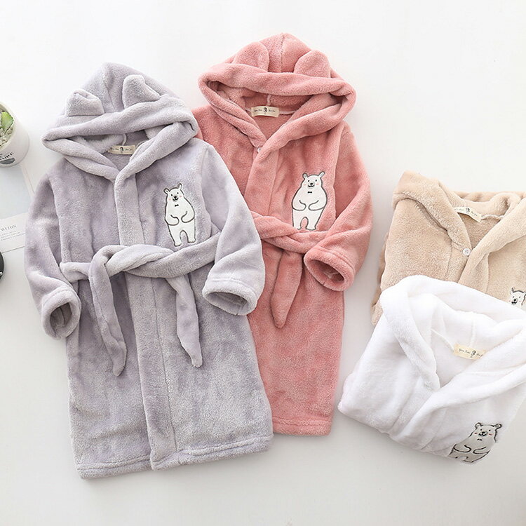 キッズ バスローブ パジャマ ナイトローブ 女の子 男の子 男女兼用 可愛い 裏起毛 もこもこ 帽付 防寒 寝巻き 部屋着 ルームウエア こども服 子供用 4色 90 100 110 120 130 140 2