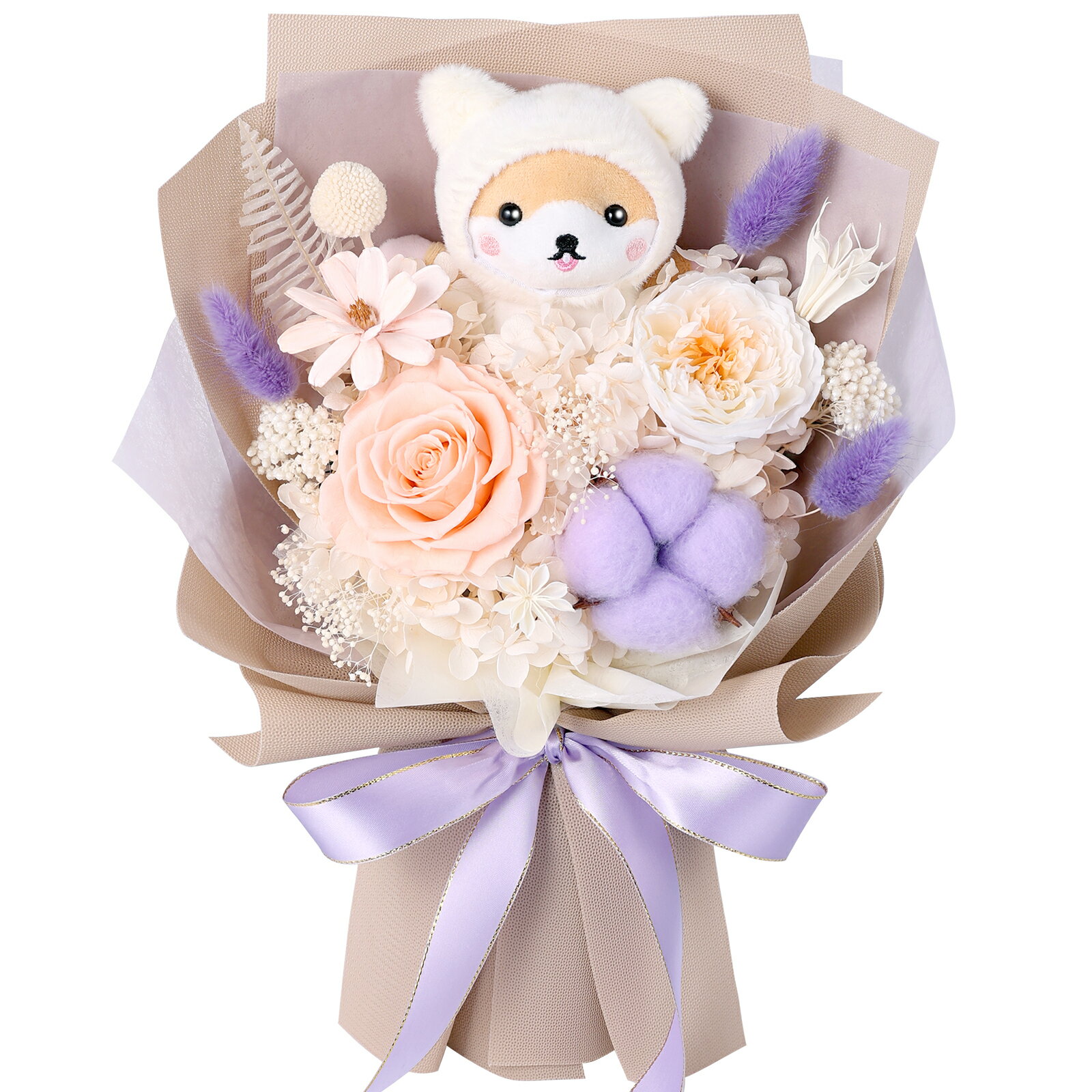 【セット内容】プリザーブドフラワーの花束（バラ、アンブリッジローズ 、コットンフラワーなど）、手提げボックス、また、花束には未記入のメッセージカードも付属しております。（花瓶なし） 【商品サイズ】花束サイズ（高さ約36cm、幅約26cm）、...