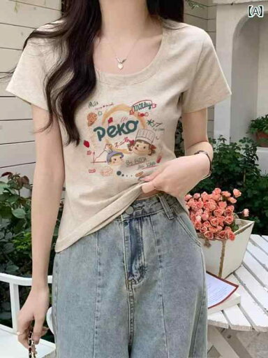 かわいい Tシャツ レディース 綿 ストレート ショルダー 半袖 Tシャツ 夏の 女性用 アメリカン レトロ プリント スリム ラウンドネック 甘くて スパイシーな トップ かわいい Tシャツ レディース 綿 ストレート ショルダー 半袖 Tシャツ 夏の 女性用 アメリカン レトロ プリント スリム ラウンドネック 甘くて スパイシーな トップ