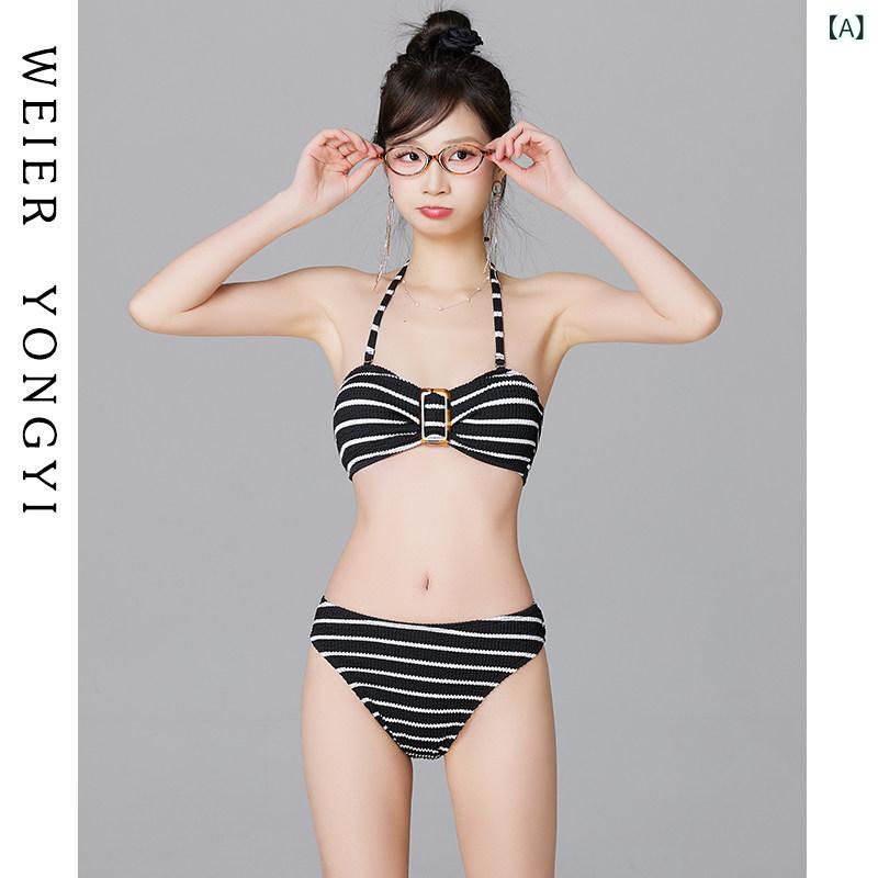 水着 ビキニ レディース セクシー 水着 レディース 黒と 白の ストライプ ビキニ チューブ トップ サスペンダー 魅惑的 小さい 胸 スリム ビーチ 休暇 温泉