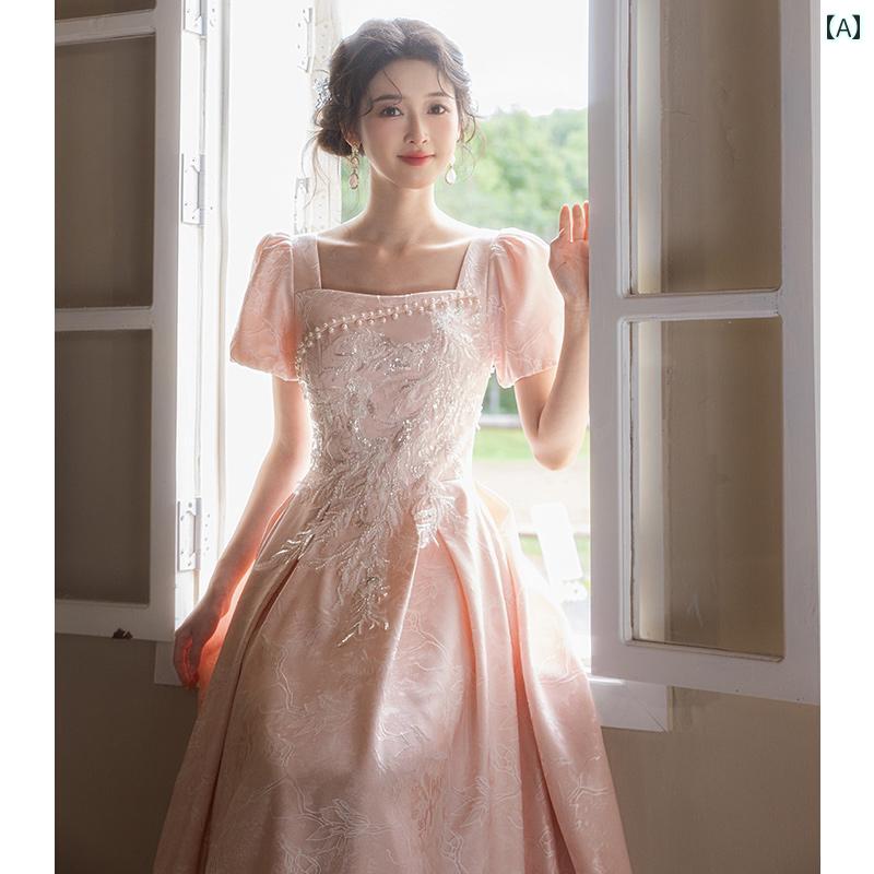 ドレス パーティードレス レディース フランスの イブニングドレスの 女性 2025 高級 スクエアネック ハイエンド ドレス 大人 セレモニー ピンク
