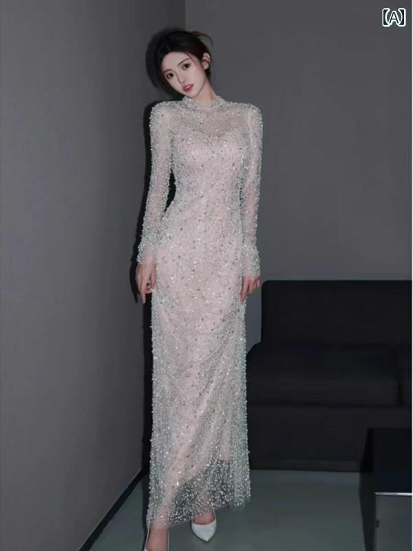 エレガント ドレス パーティードレス フランスの 重厚な ビーズの 長袖の パーティーの 年次 総会の 誕生日 パーティーのの ホストの 軽い 贅沢な トーストの イブニングドレスの スカートの 女性(4)