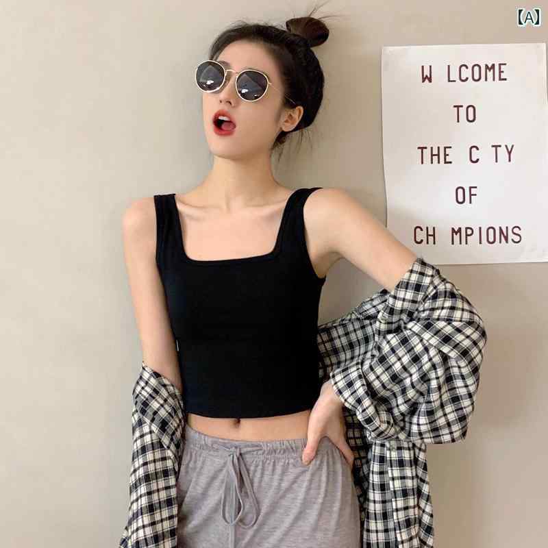 キャミソール シンプル レディース 綿 黒 角 襟 キャミソール レディース インナー 春秋 ショート ワイ..