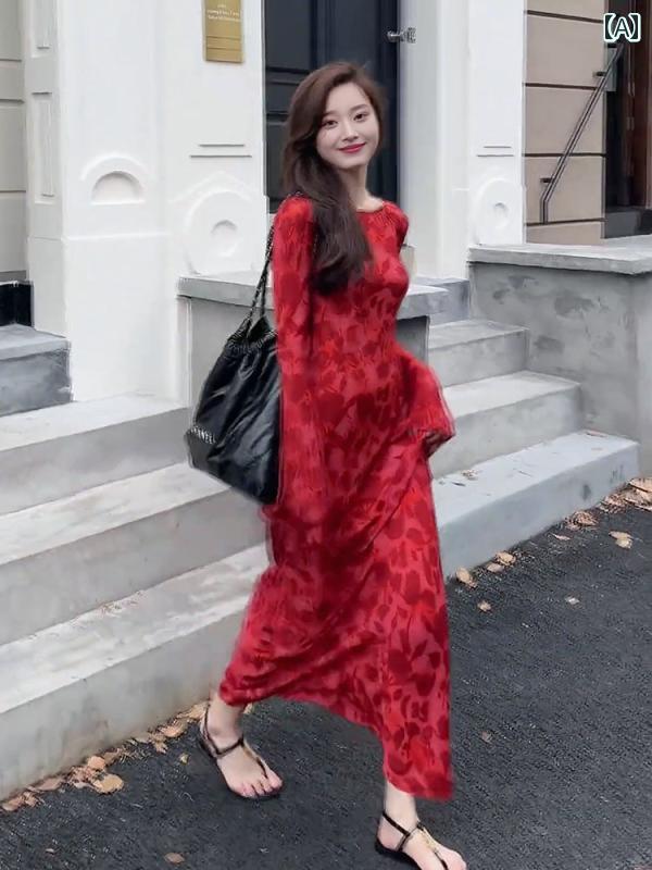 きれいめ ワンホン ワンピース レディース フランスの ロング スカートのの 高級 海辺の 休暇の 美しい 長袖の 赤い ドレスの 女性 2025年の 秋(4)