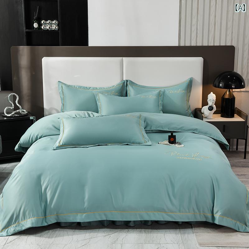 ベッド スカート カバーオール シーズン 折々の スタイル 冷感の 4点 寝具 セット シルクのような ヌード スリープ ライト ハイエンド 高級 感の ある ベッド シーツ スカート キルトカバー ウォッシュド シルク