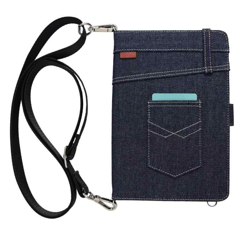 用 ipadケース ipadカバー デニム denim ジンズ素材 手作り カード入れ付き マグネットボタン ショルダーストラップ 横縦 スタンド機能