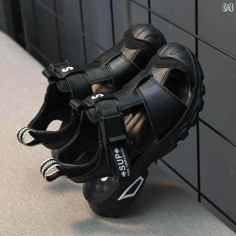 涼しい ベビーサンダル 靴 2025 高級 革 包 頭 男の子 サンダル 子供 靴 中型と 大型 子供用 ソフト ソール 滑り止め 夏 ビーチ シューズ