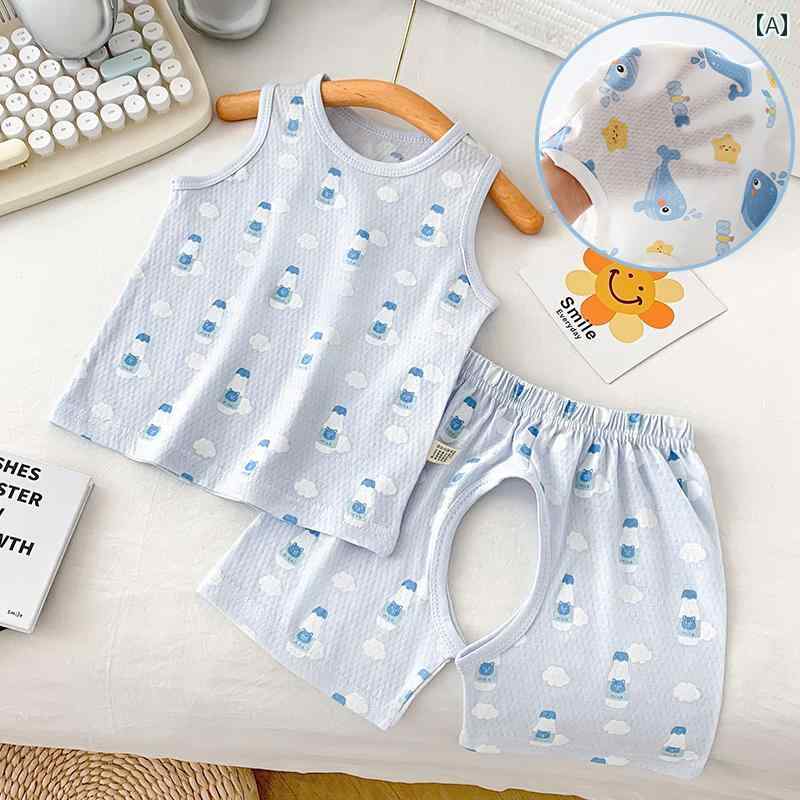 ベビー服 パジャマ ルームウェア ジンチー ベビー スーツ 夏用 薄手 男の子用 ノースリーブ トップス ベスト オープンクロッチ パンツ 空調 服 スプリット パジャマ