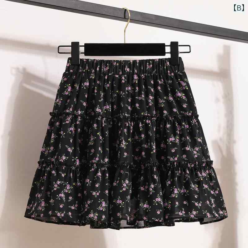 レディース スカート ショート丈 大きいサイズ 伸縮性 ウエスト シフォン 花柄 スカート 女性 夏 脂肪 mm スリム お腹 カバー ティアードスカート aライン ショート