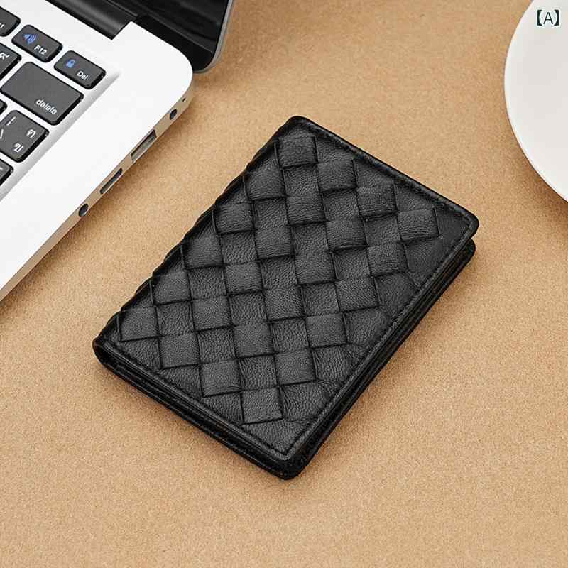 薄型 小型 カードホルダー 革 編みの 小さい カードホルダー シープスキン 名刺 入れ メンズと レディ..