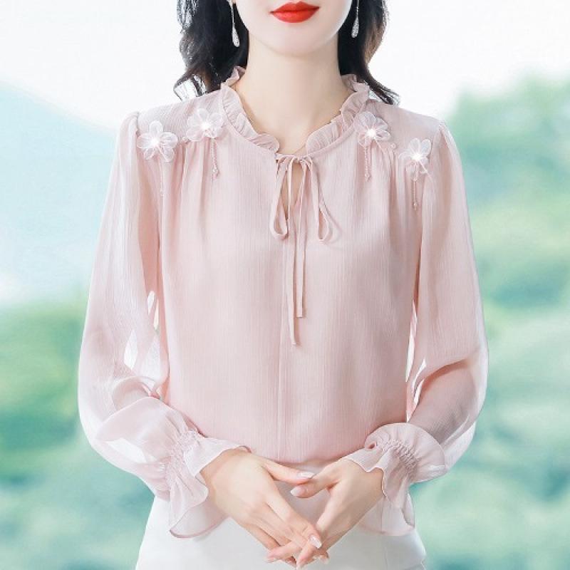 Rakuten - マタニティブラウス レディース 長袖 シフォン 白 春 上品 おしゃれ 軽量 透け感 気質 ファッション トップス シャツ 普段使い 伸縮性