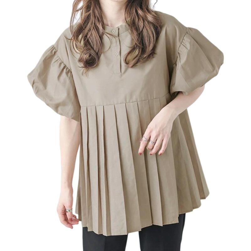 [MEME XTRA] メメエクストラ ブラウス レディース 半袖 夏 パフスリーブ プリーツ シャツ 夏服 かわいい 切り替え カットソー トップス 大きいサイズ ゆったり 丸襟 おしゃれ 無地 キレイめ オ