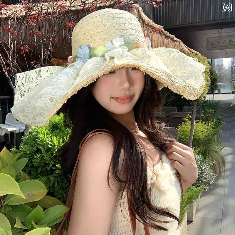 麦わら帽子 日焼け防止 レディース フレンチ スイートな リボンフラワー ラフィア 麦わら 帽子 レディース 夏 海辺 ホリデー スタイル ビーチハット 日焼け防止