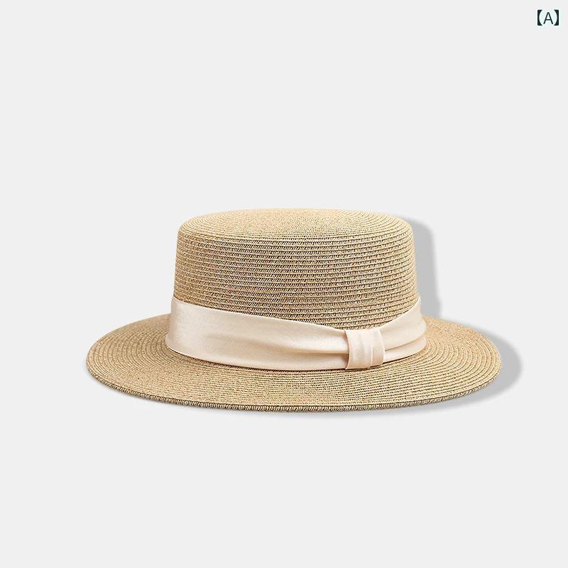 麦わら帽子 日焼け防止 レディース 風 フレンチ フラット トップ 麦わら 帽子 レディース 夏 ビーチ バケーション 日焼け防止 おしゃれな つばの 平らな