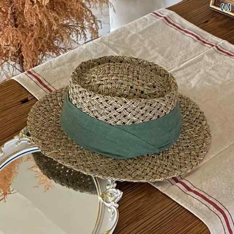 レディース 麦わら帽子 ガーリー 女性用 フランスの 休日 麦わら 帽子 塩味の 編み込み 凹型 トップハ..