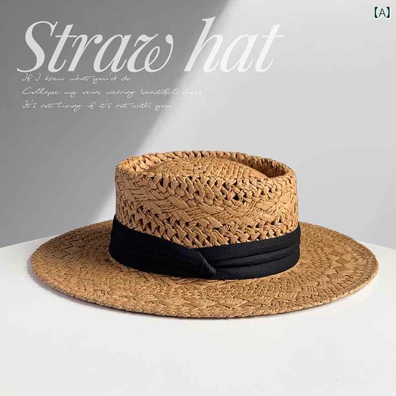 レディース 麦わら帽子 ガーリー つば 広の フランスの 麦わら 帽子 フラット トップの サンハット 顔..