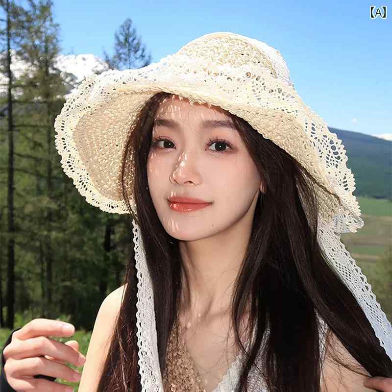 レディース 麦わら帽子 ガーリー レース ストローハット レディース 2025夏 ビーチ バケーション サンハット 紫外線 カット