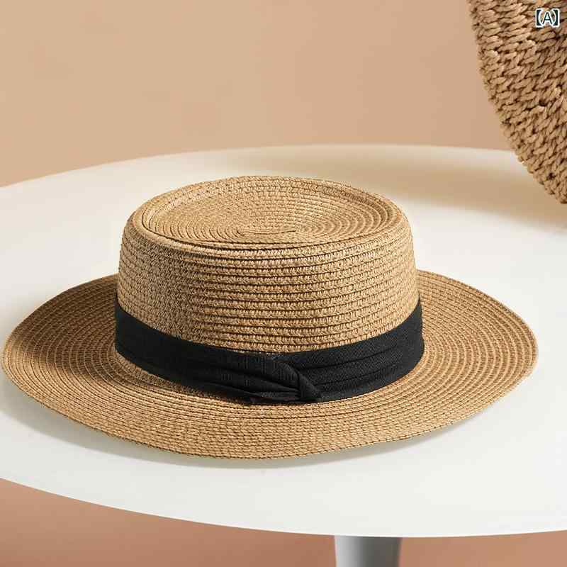 レディース 麦わら帽子 ガーリー フラット トップハット レディース 夏 休み 海辺 パナマハット 平らな つば フレンチ ビーチハット 麦わら 日焼け防止 ハット