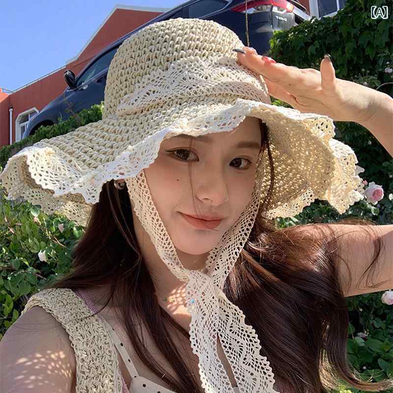 レディース 麦わら帽子 ガーリー 麦わら 帽子 イン レースアップ レディース 夏の 旅行 日焼け防止 ビ..
