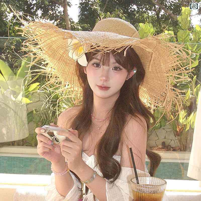 レディース 麦わら帽子 ガーリー 夏の ビーチ バケーション 旅行に 最適な 雰囲気の ある ラフィア 麦わら 帽子。 つば 広の ついた 日焼け防止 サンハット 付き。