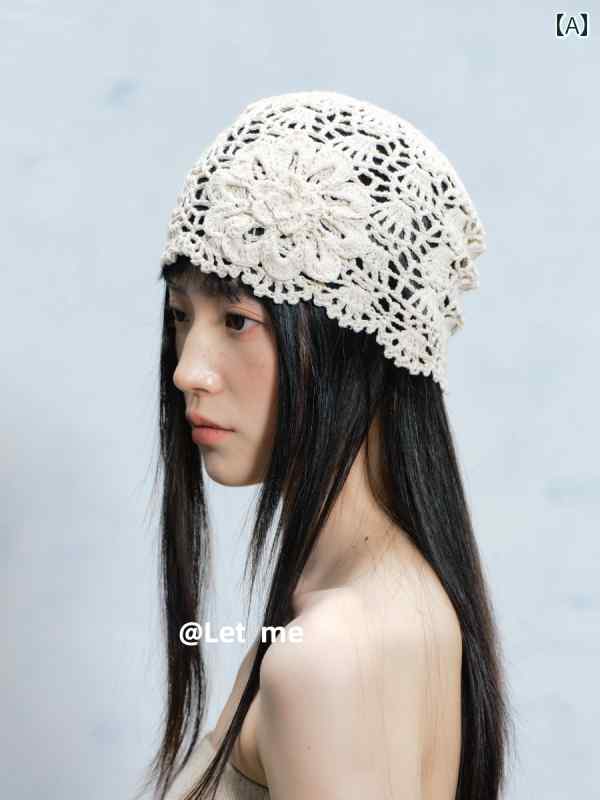 ターバン キャップ レディース な 2025夏の大 花 ニット 帽子 女性 レース フック フラワー 包 頭 防寒