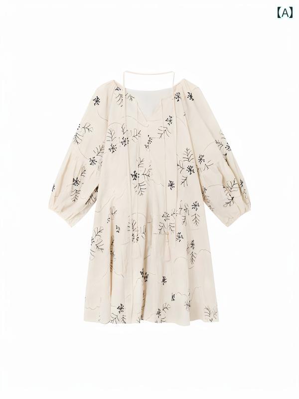 おしゃれ ドレス ファッション 夏の 旅行や 休暇に レディース フランスの 重厚な 刺繍の ドレス スリム ウエストの ベビー ドール の 花柄の ショート スカート