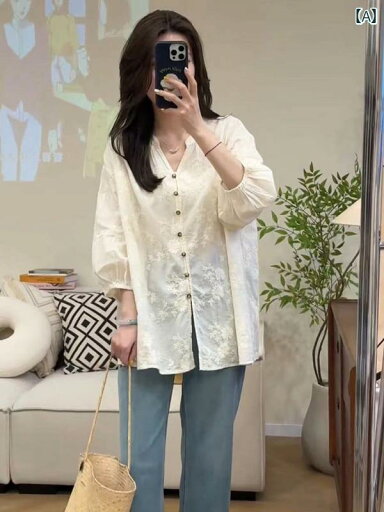 事務服 ブラウス シャツ レディース レトロ ジャカード 刺繍 シャツ 女性用 2025 春夏 ゆったり 厚手 日焼け防止 ブラウス トップ 事務服 ブラウス シャツ レディース レトロ ジャカード 刺繍 シャツ 女性用 2025 春夏 ゆったり 厚手 日焼け防止 ブラウス トップ