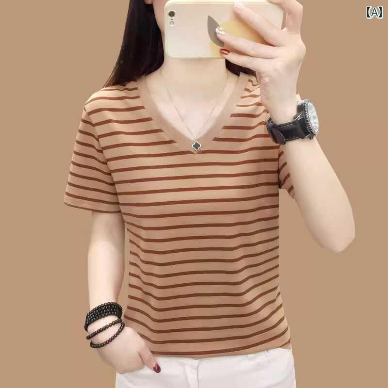 ボーダー ストライプ Tシャツ レディース 女性用 コットン 半袖 Tシャツ ゆったり スリムトップス 2025夏の新 スタイル 中年 ママ ストライプシャツ