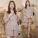 ゆったり ルームウェア レディース 夏 薄手 コットンリネン 半 襟 シャツ ショート パンツ ツーピース スーツ レディース リネン カジュアル 高級 ラミー...