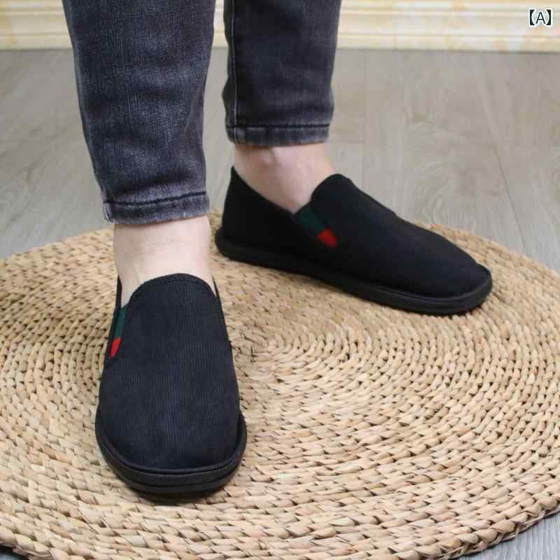 デッキシューズ メンズ シンプル オールド 布 靴 メンズ コーデュロイ 豆 千 層 底 耐摩耗 カジュアル シューズ ソフト ソール ブラック 快適