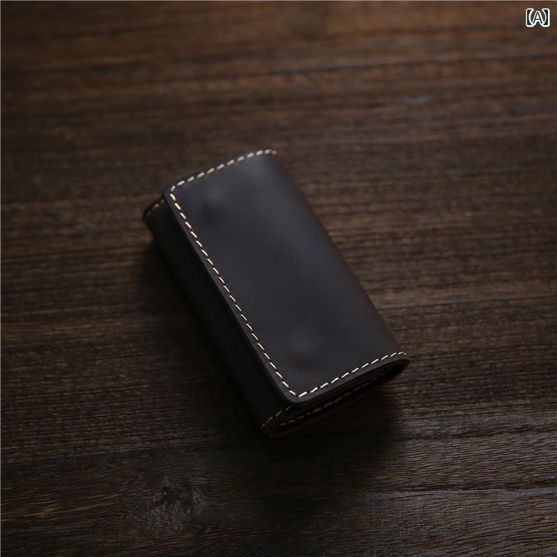 キーケース コンパクト 財布 レトロ キーホルダー ホース第一層 牛革 バックル キー バッグ メンズ 革 カード 多機能