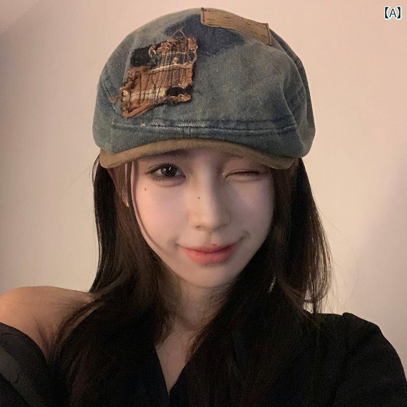 ベレー帽 おしゃれな レディース アメリカン レトロ ダメージ ラベル デニム ベレー 帽 レディース 夏 ハイエンド 顔 見せ スモール フォワード ハット